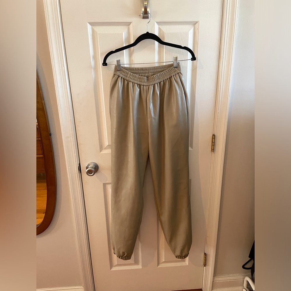 Topshop Tan Faux Leather Quilted Jogger Trousers. Size 4